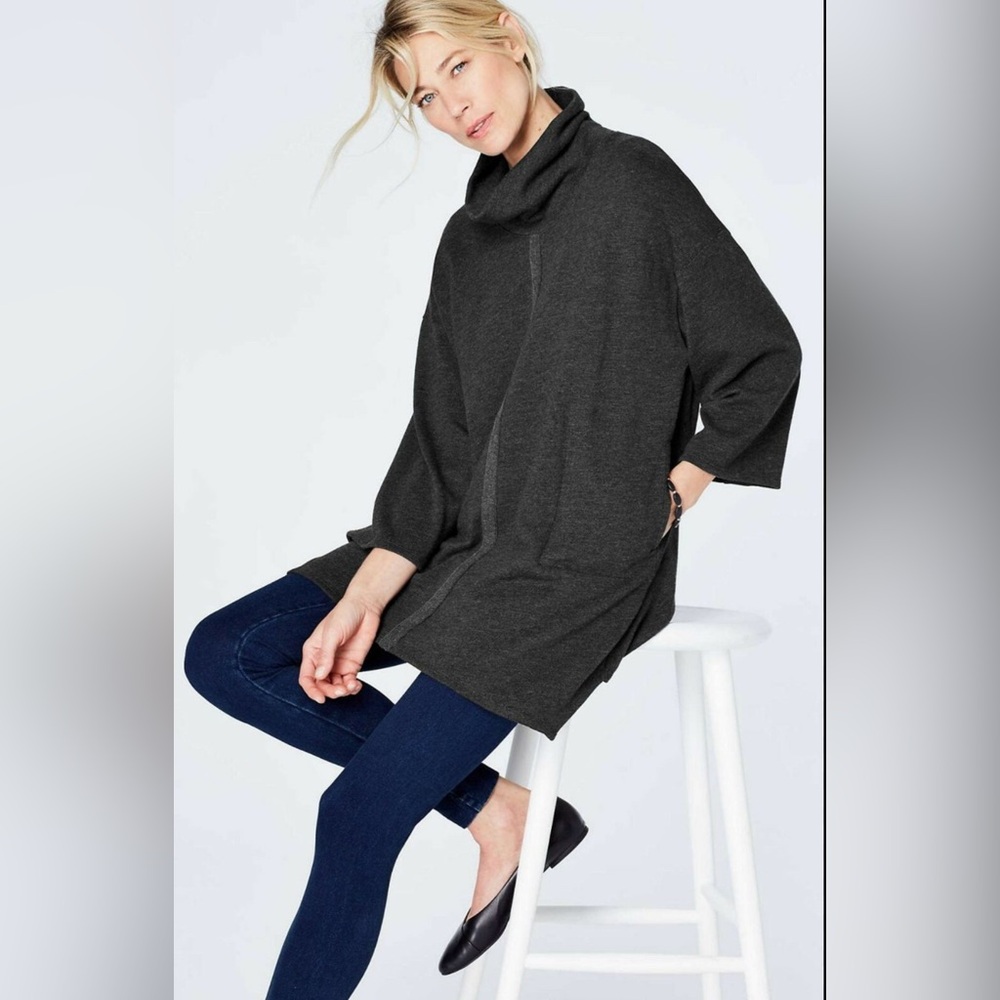 J Jill/Pure Jill charcoal gray 3/4 sleeve cowl neck knit tunic w/pockets. Sz Lg